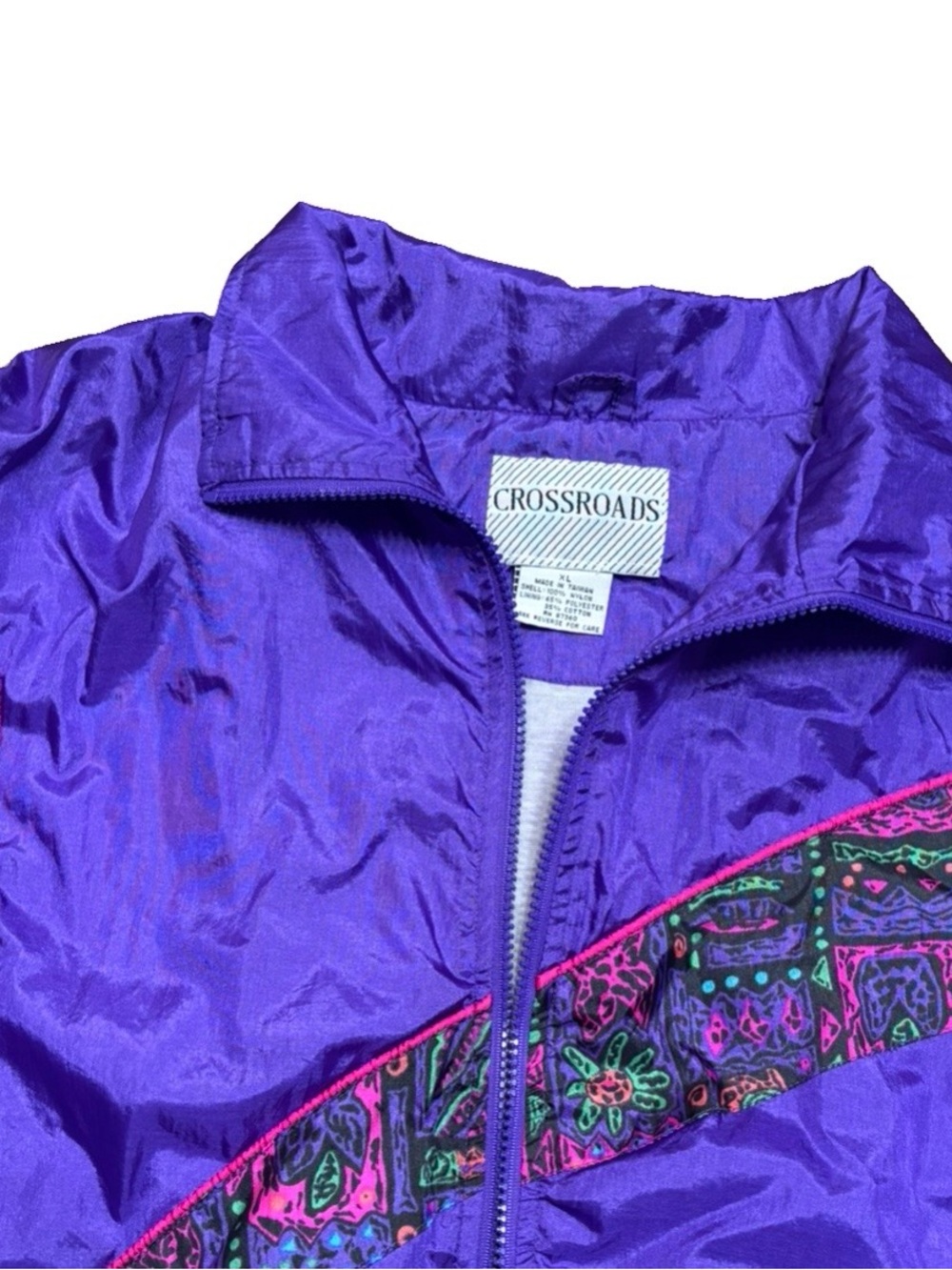 Vibrant Purple Women’s Retro Bomber Jacket with Patterned Panels - Picture 6 of 15